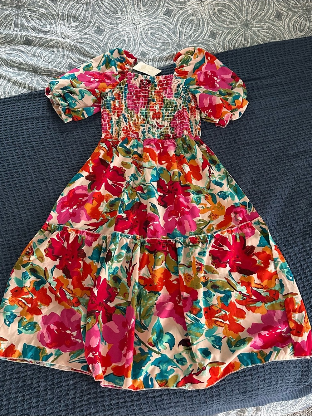 Floral Smocked Midi Dress - Pink, Teal, Orange